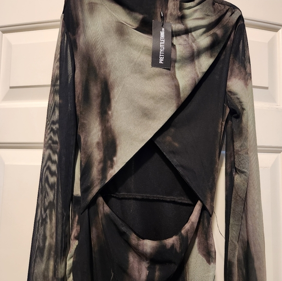 Khaki Abstract print mesh wrap cut out midaxi dress - Picture 5 of 6